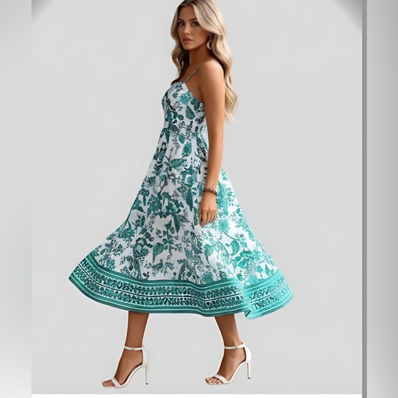 Boho Floral Cami Shirred Dress Turquoise - Picture 2 of 8